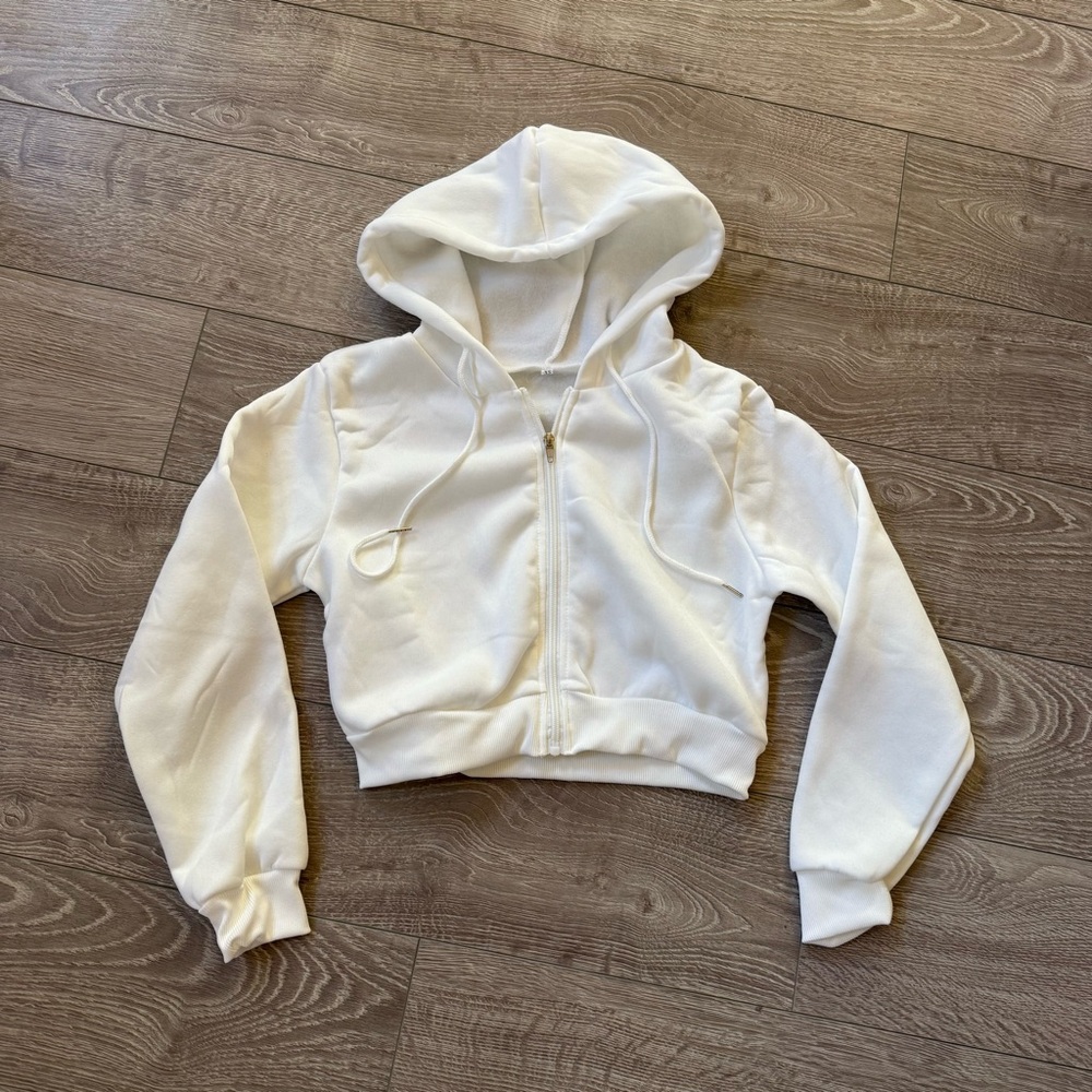 NEW White Fleece Zip-Up Crop Hoodie Jacket women XS